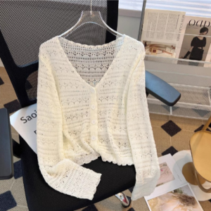 法式鏤空冰絲針織開襟衫