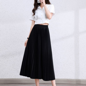 韓系飄逸高腰百褶長裙 (垂墜感/透氣) - 氣質中長款 A字裙