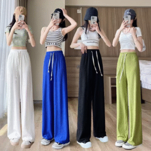【台灣現貨】褲子 女褲 長褲 夏季薄款抽繩千葉紋闊腿褲褶皺寬鬆垂感拖地休閒褲 防曬褲 拖地褲 高腰垂墜 感寬鬆 速乾褲