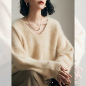 高階感軟糯仿水貂絨v領毛衣女秋冬季時尚慵懶風針織衫上衣