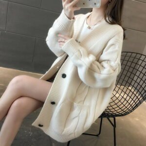 春秋新款慵懶風V領麻花針織衫寬鬆外穿女裝開衫V領百搭毛衣外套