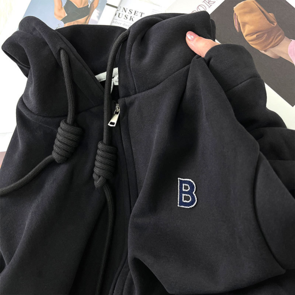 加絨寬鬆連帽衛衣女秋冬酒紅色拉鍊開衫加厚外套